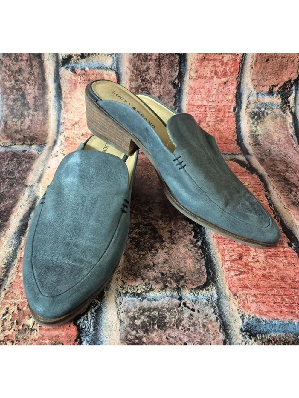 Lucky Brand Margrete Leather Mule Slide Light Gray Size 8.5 M Slip On Block Heal
